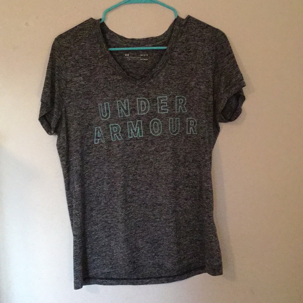 Grey Under Armour t- shirt with teal lettering.